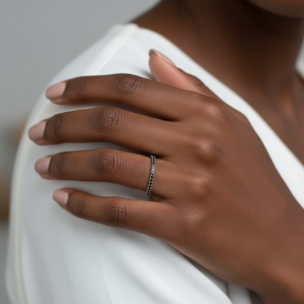 Sample Sale Ready to ship-Thin Dainty Black Spinel Half Eternity Stackable Wedding Band, Engagement Ring, Anniversary Gift-1.8mm