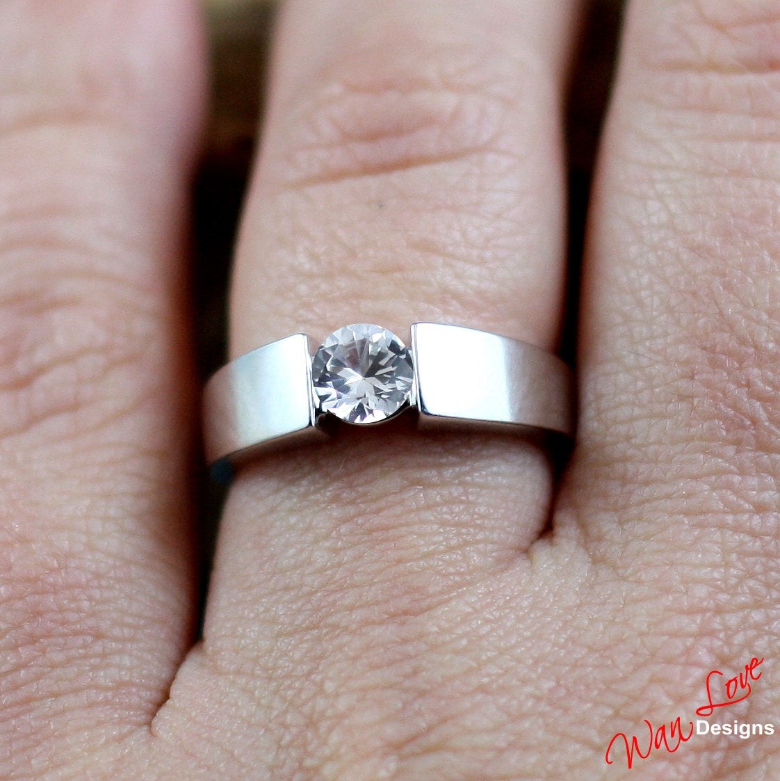 Sample Sale Ready to ship-White Sapphire Channel Tension set Engagement Ring, Solitaire, Thick band, 1ct, 6mm, Silver Rhodium Wan Love Designs