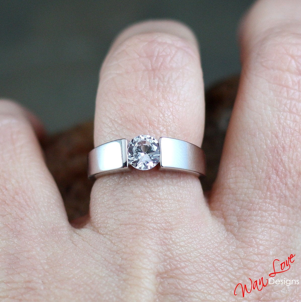 Sample Sale Ready to ship-White Sapphire Channel Tension set Engagement Ring, Solitaire, Thick band, 1ct, 6mm, Silver Rhodium Wan Love Designs