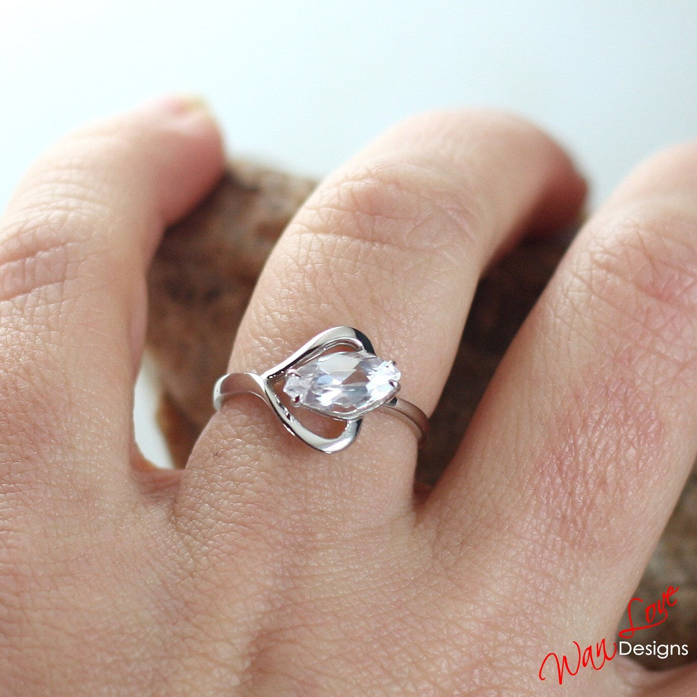 Sample Sale Ready to ship-White Sapphire Marquise Open heart Solitaire Engagement Ring-1.25ct-10x5mm-Silver Rhodium-Wedding-Anniversary Gift Wan Love Designs