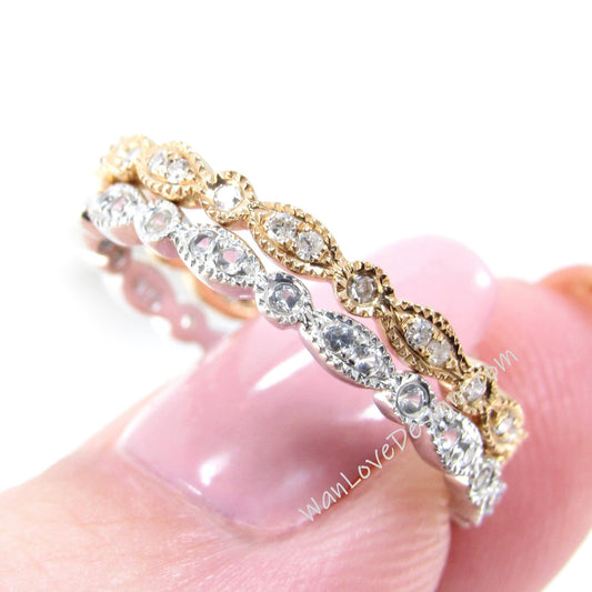 Sample Sale Ready to ship-White Sapphire Milgrain Leaf Circle Bezel set Eternity Wedding Band-Stackable Ring-Promise Bridal ring band her Wan Love Designs