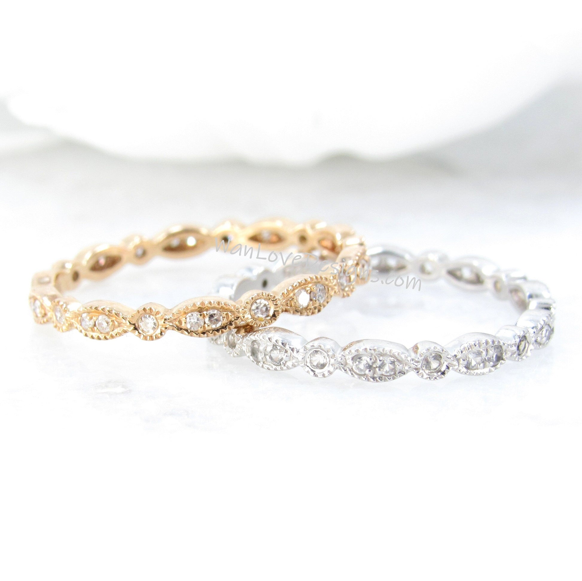 Sample Sale Ready to ship-White Sapphire Milgrain Leaf Circle Bezel set Eternity Wedding Band-Stackable Ring-Promise Bridal ring band her Wan Love Designs