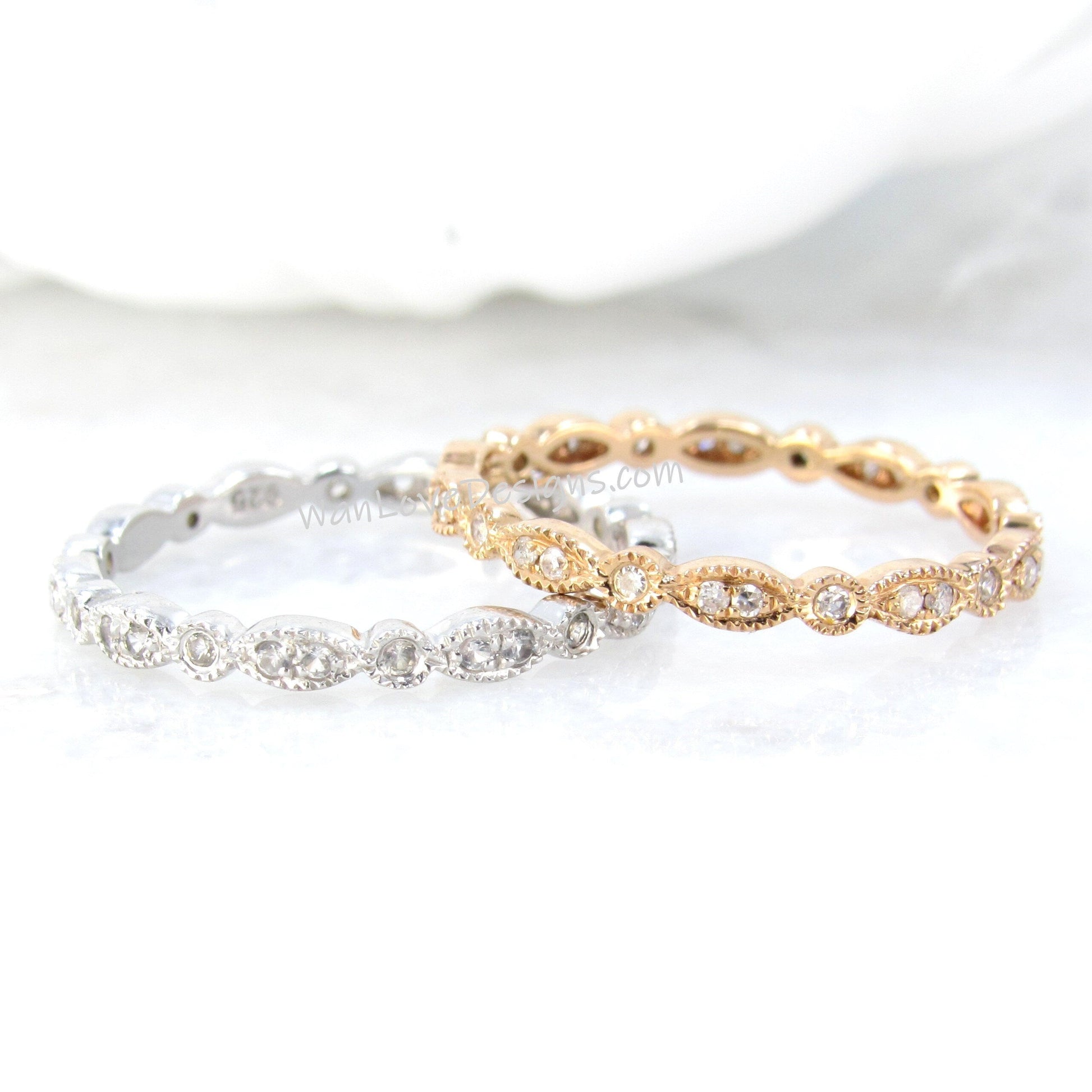 Sample Sale Ready to ship-White Sapphire Milgrain Leaf Circle Bezel set Eternity Wedding Band-Stackable Ring-Promise Bridal ring band her Wan Love Designs