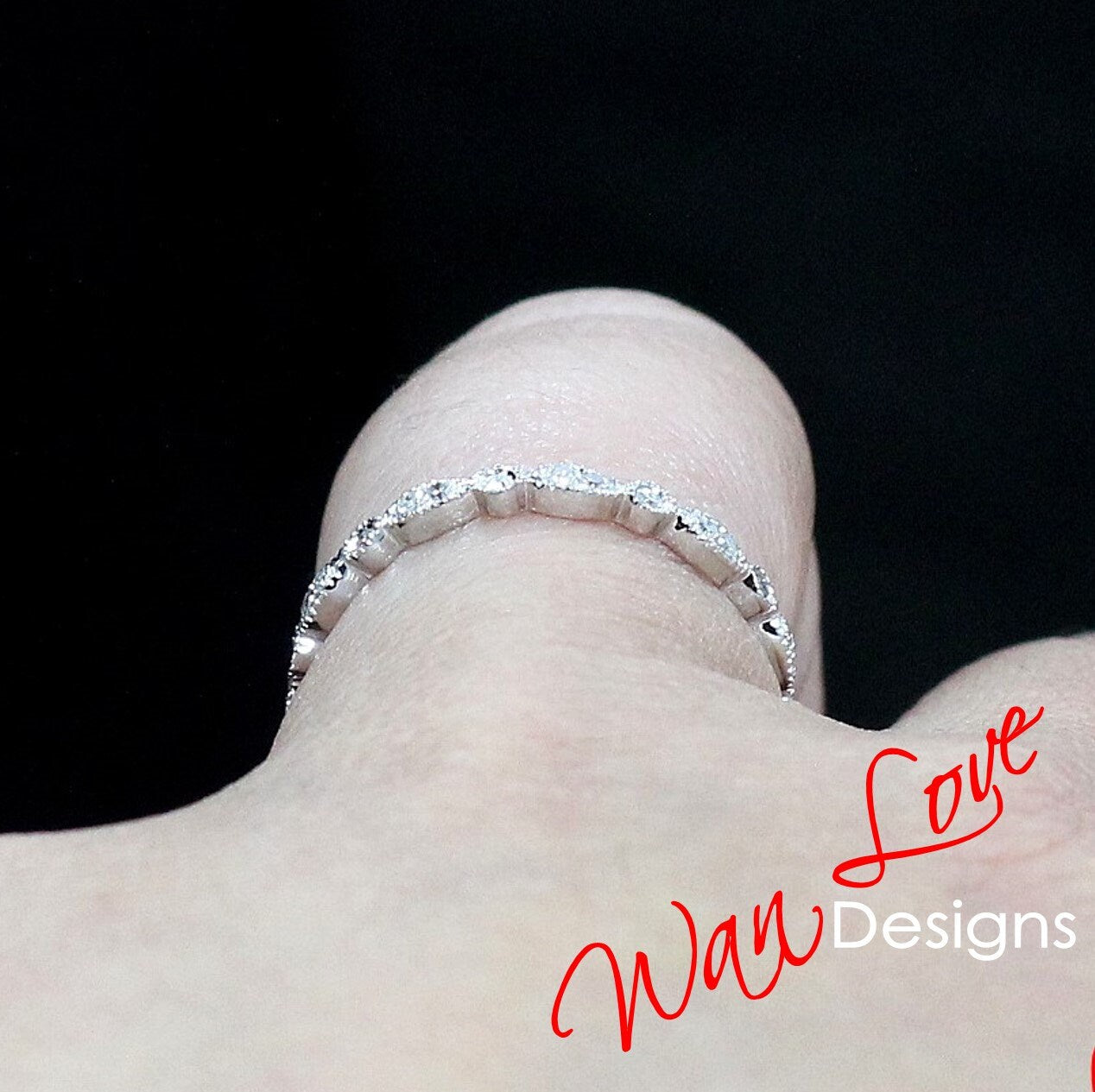 Sample Sale Ready to ship-White Sapphire Milgrain Leaf Circle Bezel set Eternity Wedding Band-Stackable Ring-Promise Bridal ring band her Wan Love Designs