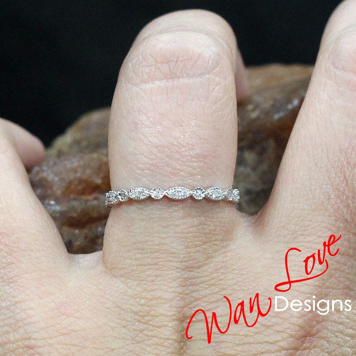 Sample Sale Ready to ship-White Sapphire Milgrain Leaf Circle Bezel set Eternity Wedding Band-Stackable Ring-Promise Bridal ring band her Wan Love Designs