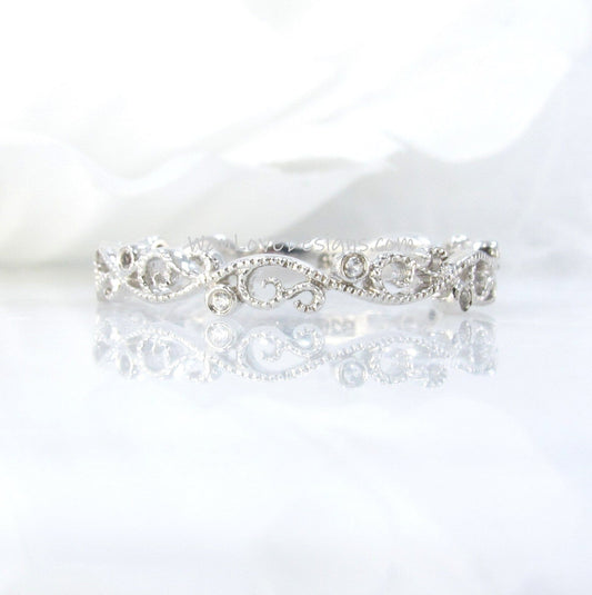 Sample Sale Ready to ship-White Sapphire Wedding Band Filigree Milgrain Eternity Stacking Swirl Almost Eternity-Custom-Aniversary Wan Love Designs