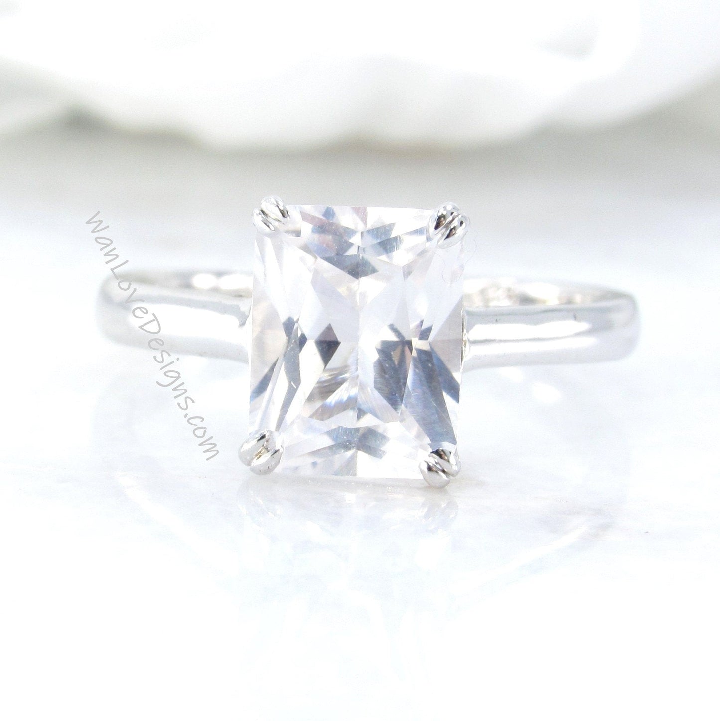 Solitaire emerald cut White Sapphire engagement ring 4 double prong minimalist ring 3ct anniversary gift promise ring, Ready to ship ring Wan Love Designs