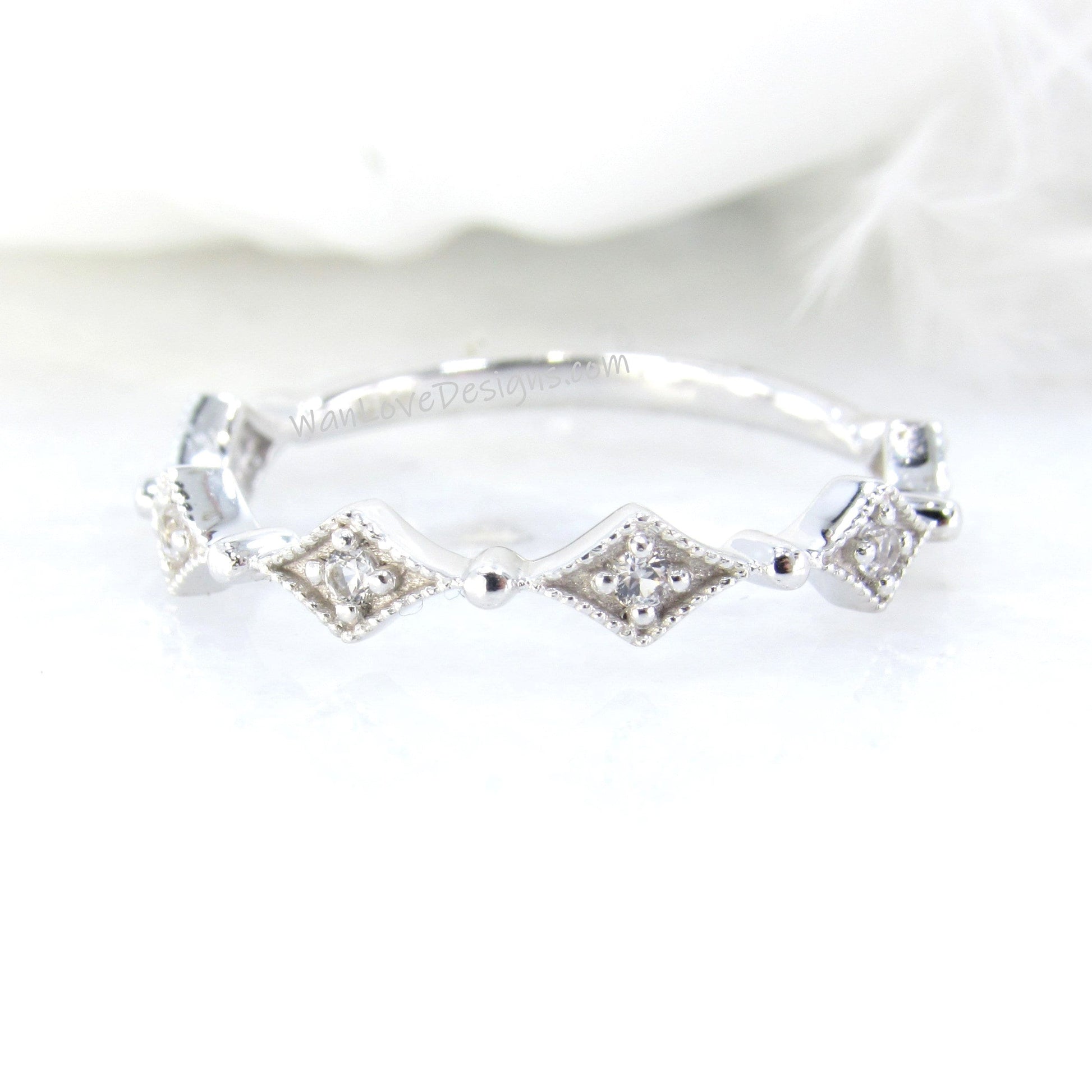 Star almost eternity diamond band, Half Eternity diamond wedding band, antique inspired milgrain geometric ring, unique wedding band Wan Love Designs