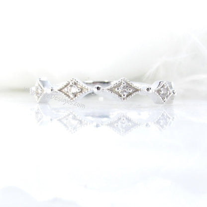 Star almost eternity diamond band, Half Eternity diamond wedding band, antique inspired milgrain geometric ring, unique wedding band Wan Love Designs