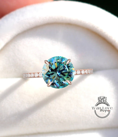Teal Blue Green Moissanite & Diamond Side Halo Round Engagement Ring Half Eternity Art Deco gold vintage Ring antique wedding bridal promise ring Wan Love Designs
