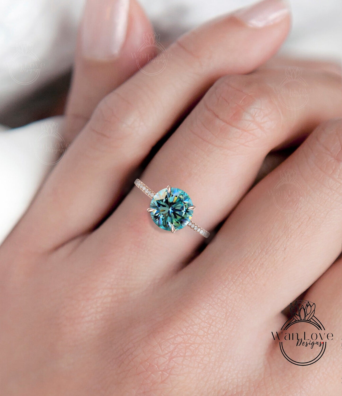 Teal Blue Green Moissanite & Diamond Side Halo Round Engagement Ring Half Eternity Art Deco gold vintage Ring antique wedding bridal promise ring Wan Love Designs
