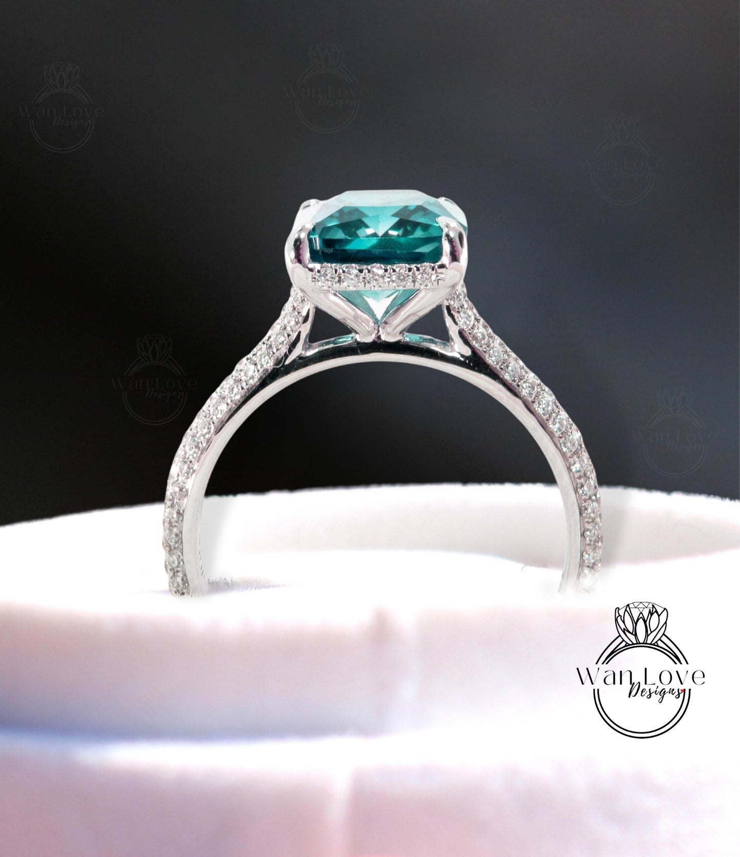 Teal Blue Green Moissanite engagement ring emerald cut ring rose gold ring side halo ring diamond bridal ring vintage art deco prong ring Wan Love Designs