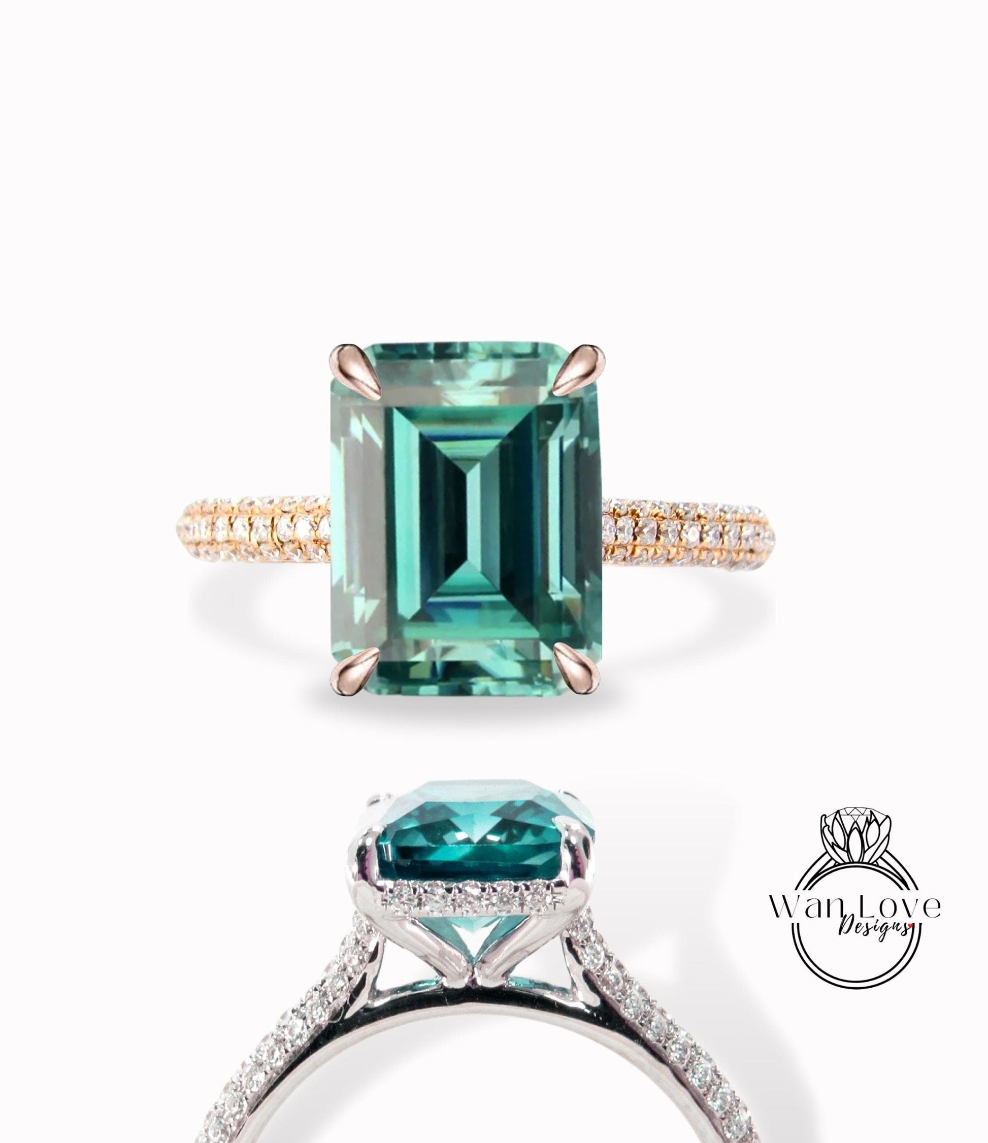 Teal Blue Green Moissanite engagement ring emerald cut ring rose gold ring side halo ring diamond bridal ring vintage art deco prong ring Wan Love Designs