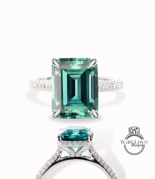 Teal Blue Green Moissanite engagement ring emerald cut ring rose gold ring side halo ring diamond bridal ring vintage art deco prong ring Wan Love Designs