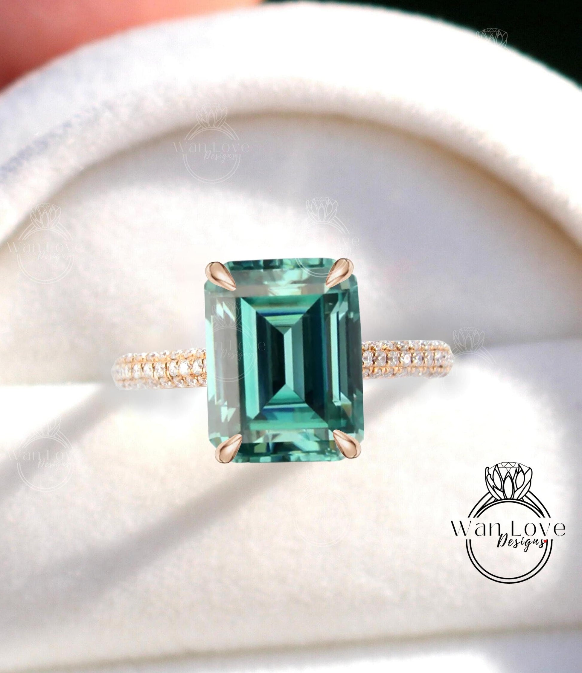 Teal Blue Green Moissanite engagement ring emerald cut ring rose gold ring side halo ring diamond bridal ring vintage art deco prong ring Wan Love Designs