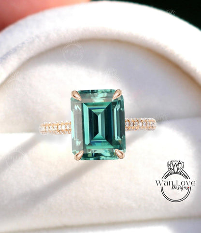 Teal Blue Green Moissanite engagement ring emerald cut ring rose gold ring side halo ring diamond bridal ring vintage art deco prong ring Wan Love Designs