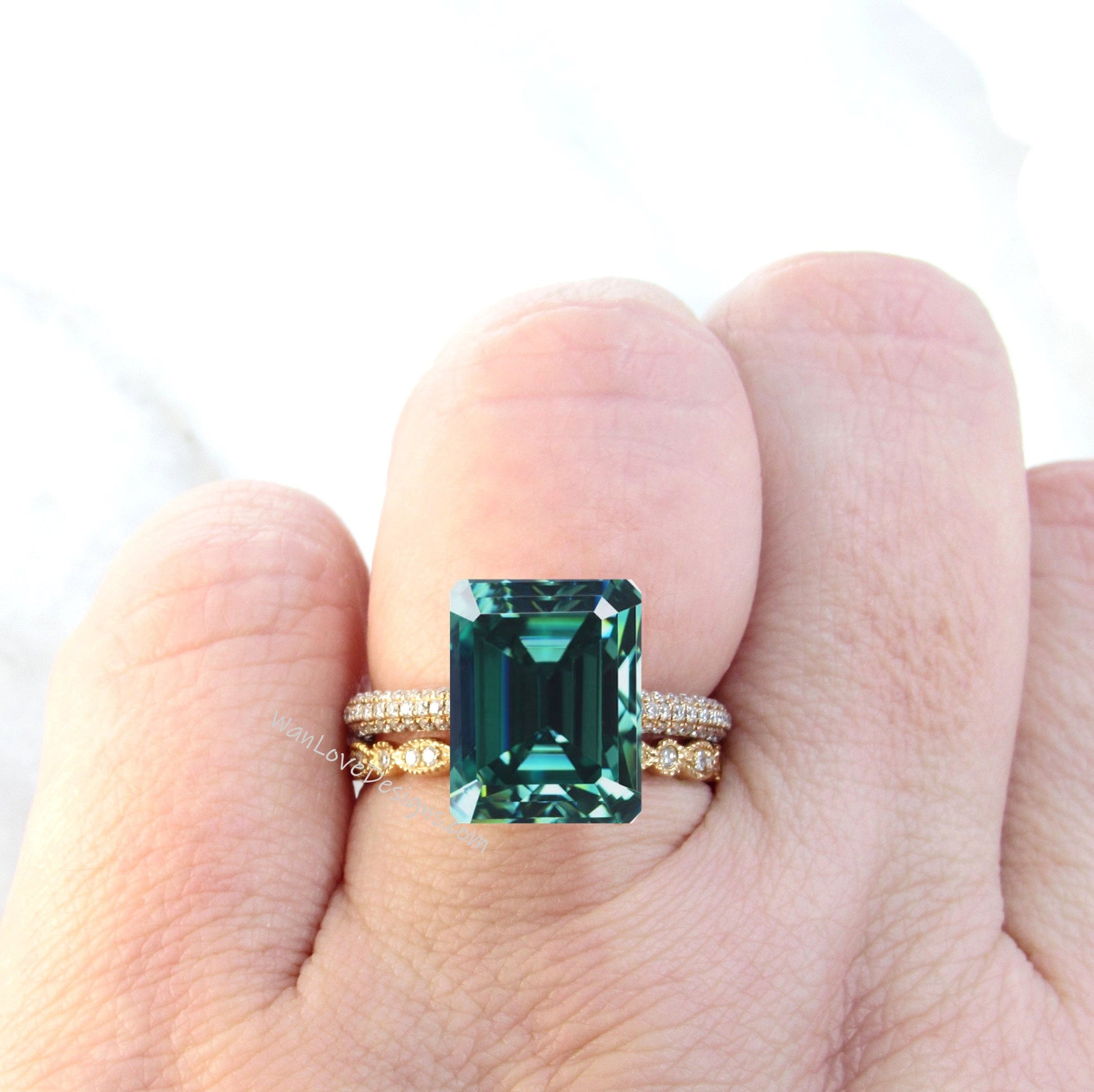 Teal Green Blue Moissanite Diamonds Emerald Radiant Side Halo Engagement Ring Leaf Wedding Band Set Celebrity Custom Anniversary Bridal Ring Wan Love Designs