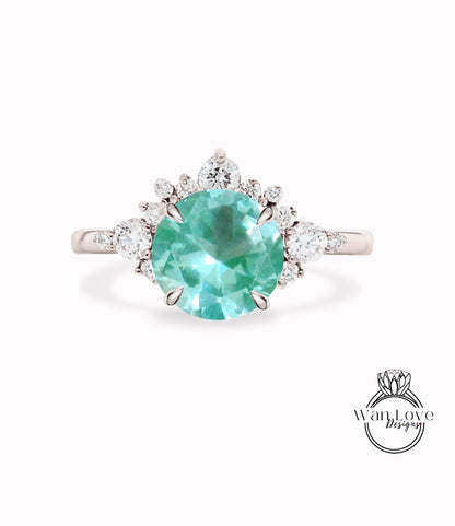 Teal Green Blue Spinel Cluster Half Halo engagement ring Diamonds Unique cluster White Rose Gold Ring woman Promise Anniversary Gift Wan Love Designs