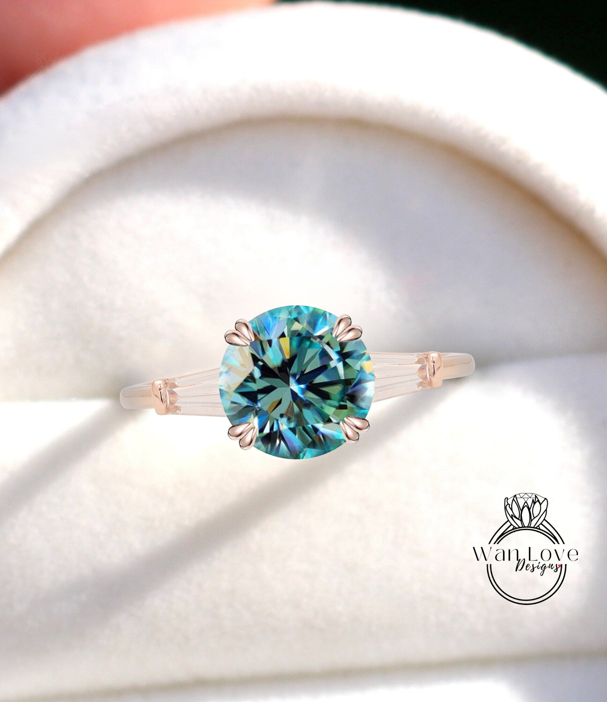 Teal Moissanite Round Tapered Baguette 3 gem Engagement Ring, Aqua Moissanite Ring, Custom 14k 18k Gold, Platinum, Wedding, Anniversary Gift Wan Love Designs
