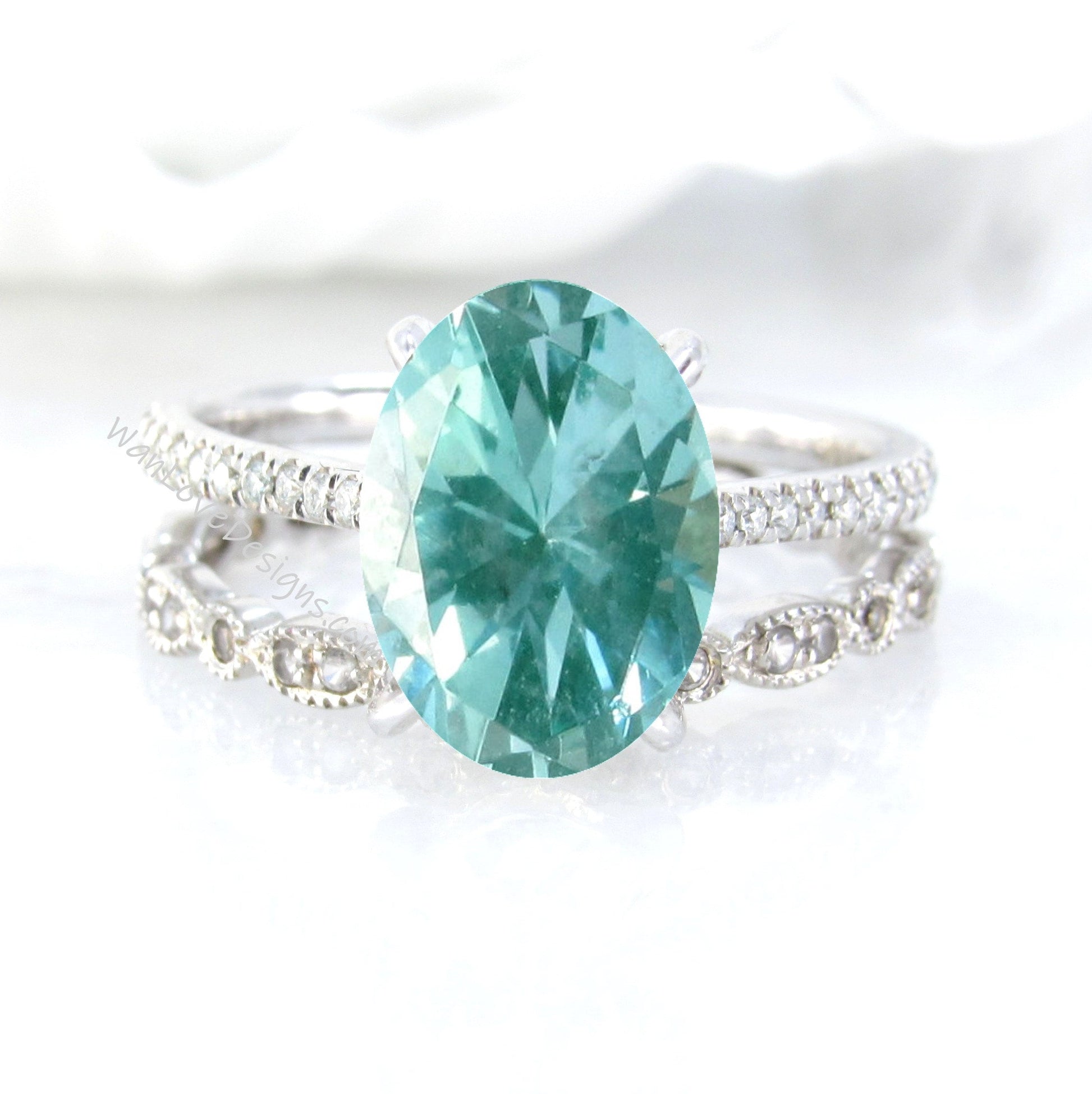 Teal Spinel & Diamond Oval Milgrain Engagement Ring set, Scalloped Wedding Band, Custom,14k 18k White Yellow Rose Gold,Platinum Wan Love Designs