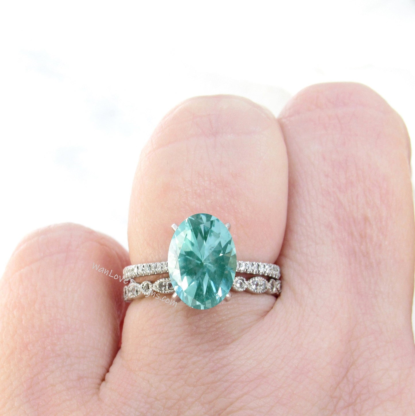 Teal Spinel & Diamond Oval Milgrain Engagement Ring set, Scalloped Wedding Band, Custom,14k 18k White Yellow Rose Gold,Platinum Wan Love Designs