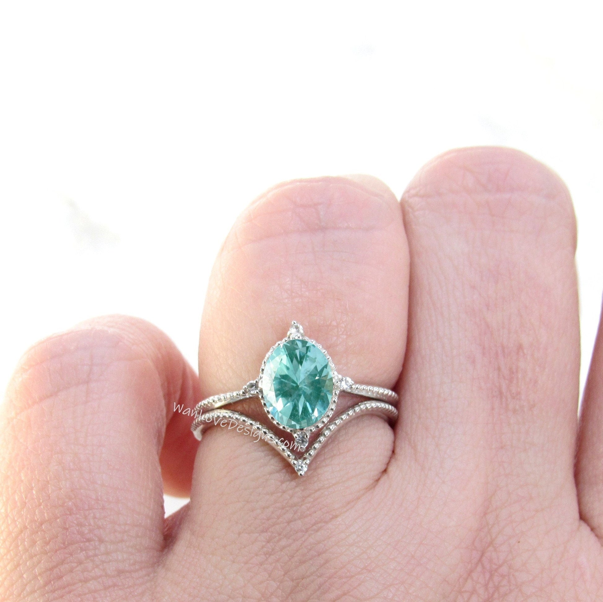 Teal Spinel & Diamond Oval Milgrain Engagement Ring set, V Wedding Band, White Gold, Custom, North Star, Paraiba Wan Love Designs