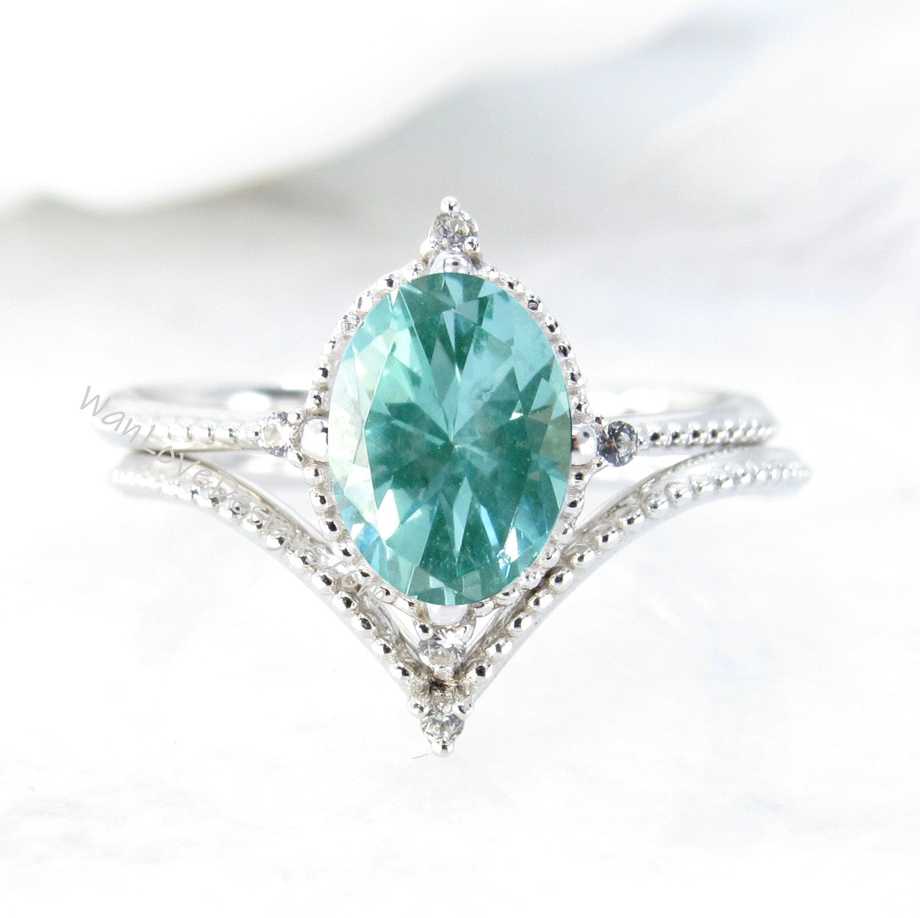 Teal Spinel & Diamond Oval Milgrain Engagement Ring set, V Wedding Band, White Gold, Custom, North Star, Paraiba Wan Love Designs