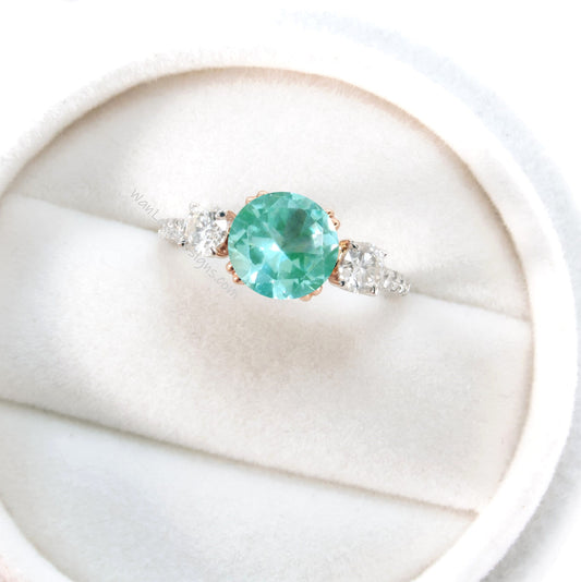 Teal Spinel Diamond Ring, Three Stone Moissanite Ring, Round spinel engagement Ring, Diamond Band Ring Wan Love Designs
