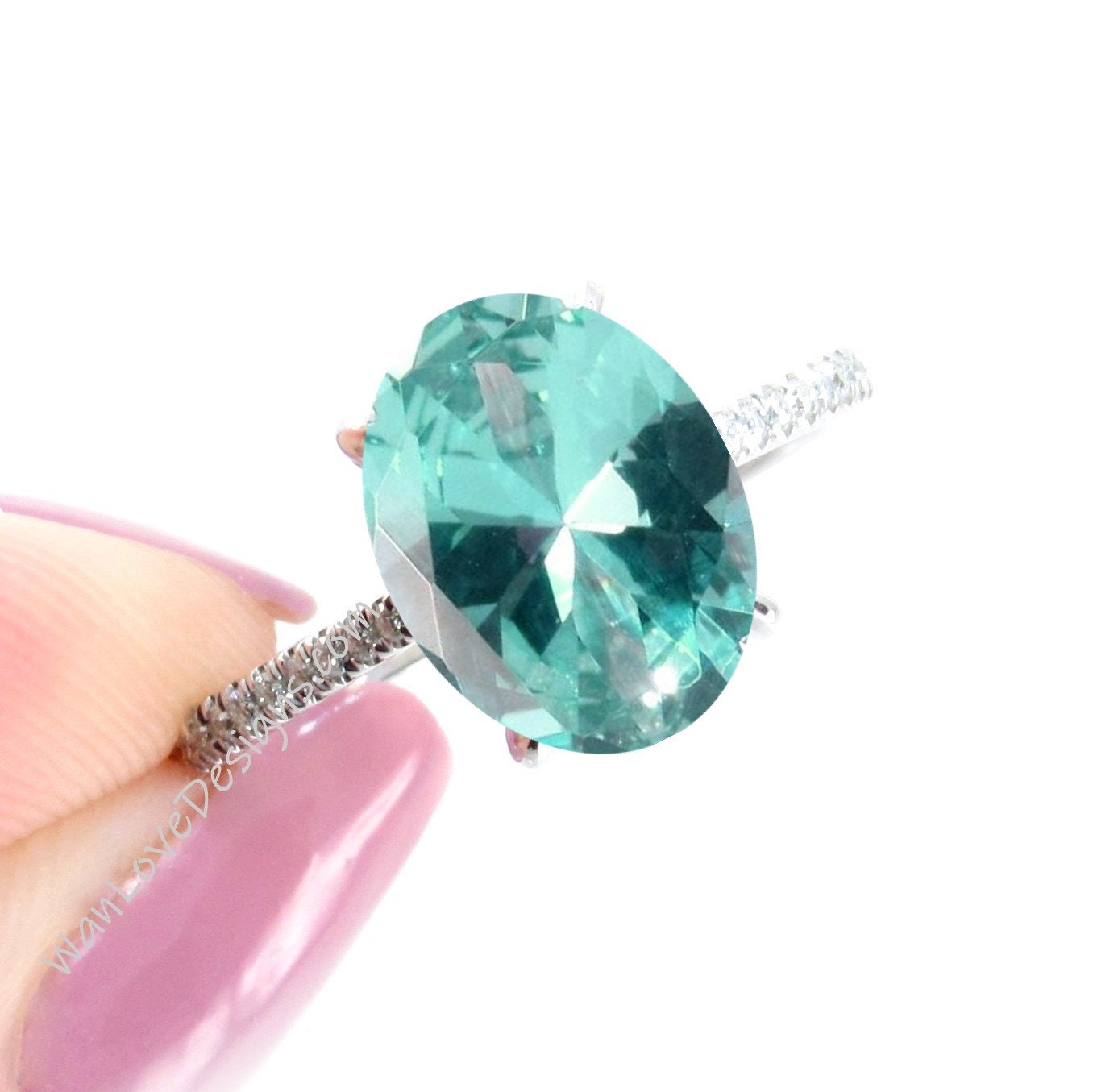 Teal Spinel & Diamond Side Halo Oval Engagement Ring, Custom, 14kt 18kt Gold, Platinum, Wedding, Gift, WanLoveDesigns Wan Love Designs