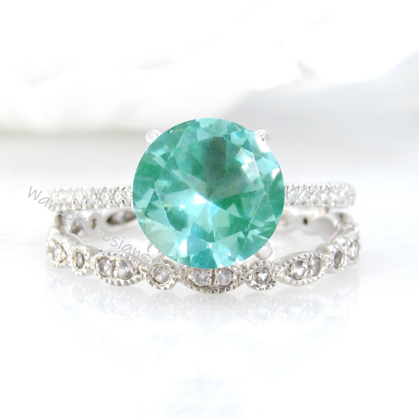 Teal Spinel & Diamond shank Engagement Ring,Full Eternity Leaf Wedding Band,Round, Custom-14k 18k White Yellow Rose Gold-Platinum Wan Love Designs