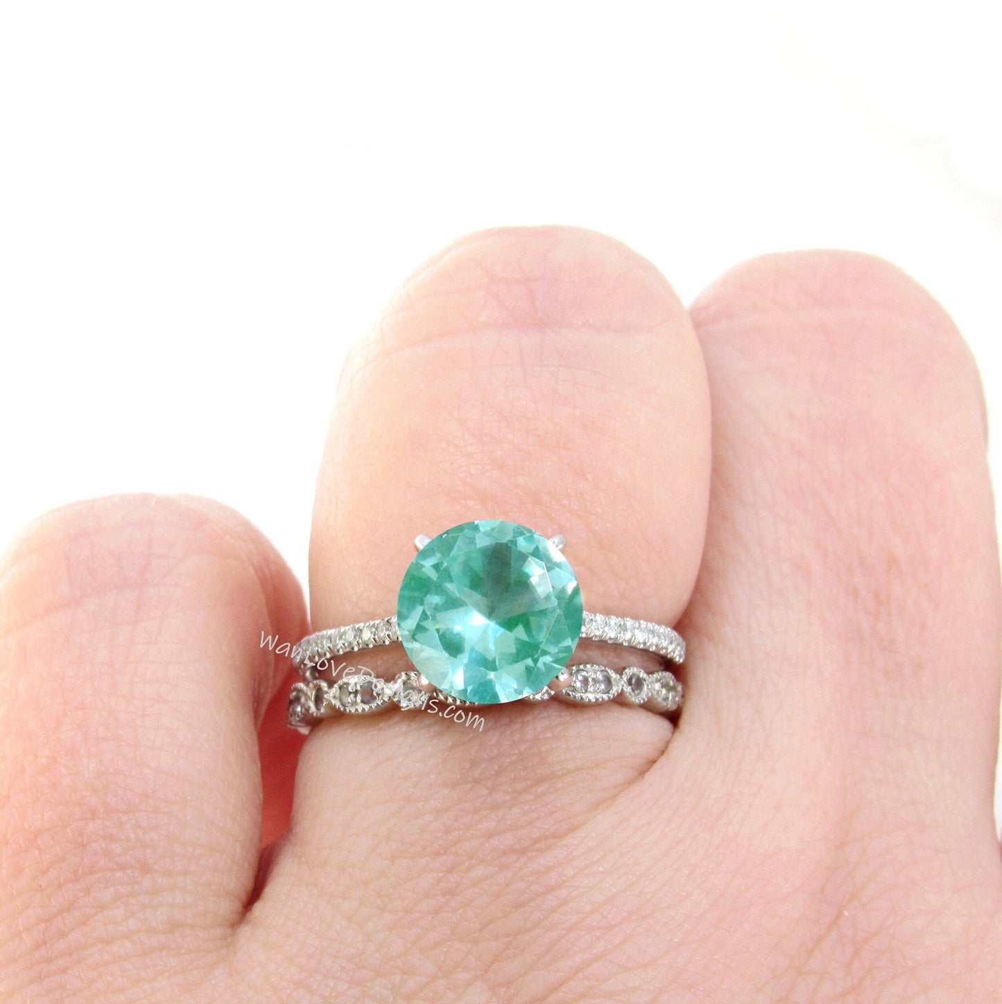 Teal Spinel & Diamond shank Engagement Ring,Full Eternity Leaf Wedding Band,Round, Custom-14k 18k White Yellow Rose Gold-Platinum Wan Love Designs