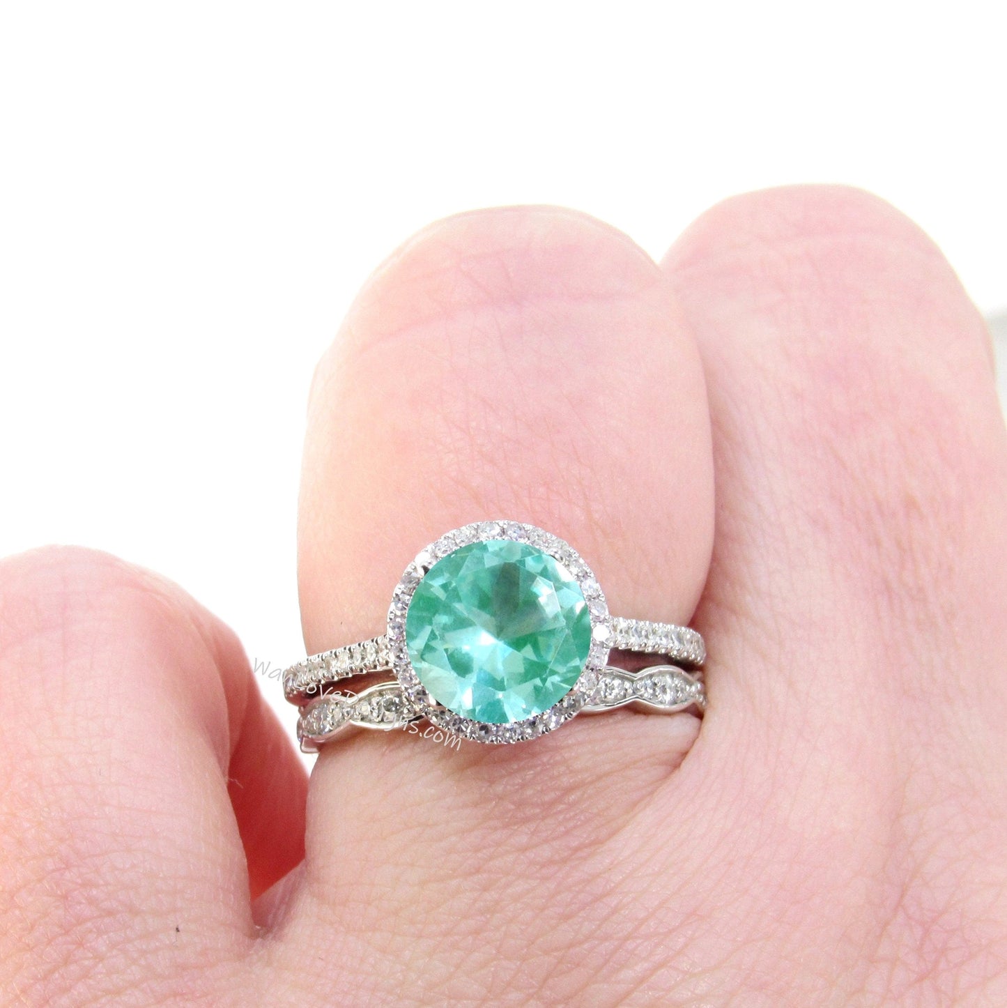 Teal Spinel Diamonds Art Deco Scalloped Round Halo Wedding Set Rings 14kt Rose Gold,WanLoveDesigns Wan Love Designs