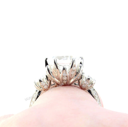 Teal Spinel & Diamonds Lotus Flower 3 gemstone Engagement Ring, Round Floral Ring, Custom-Weding-Anniversary Gift Wan Love Designs