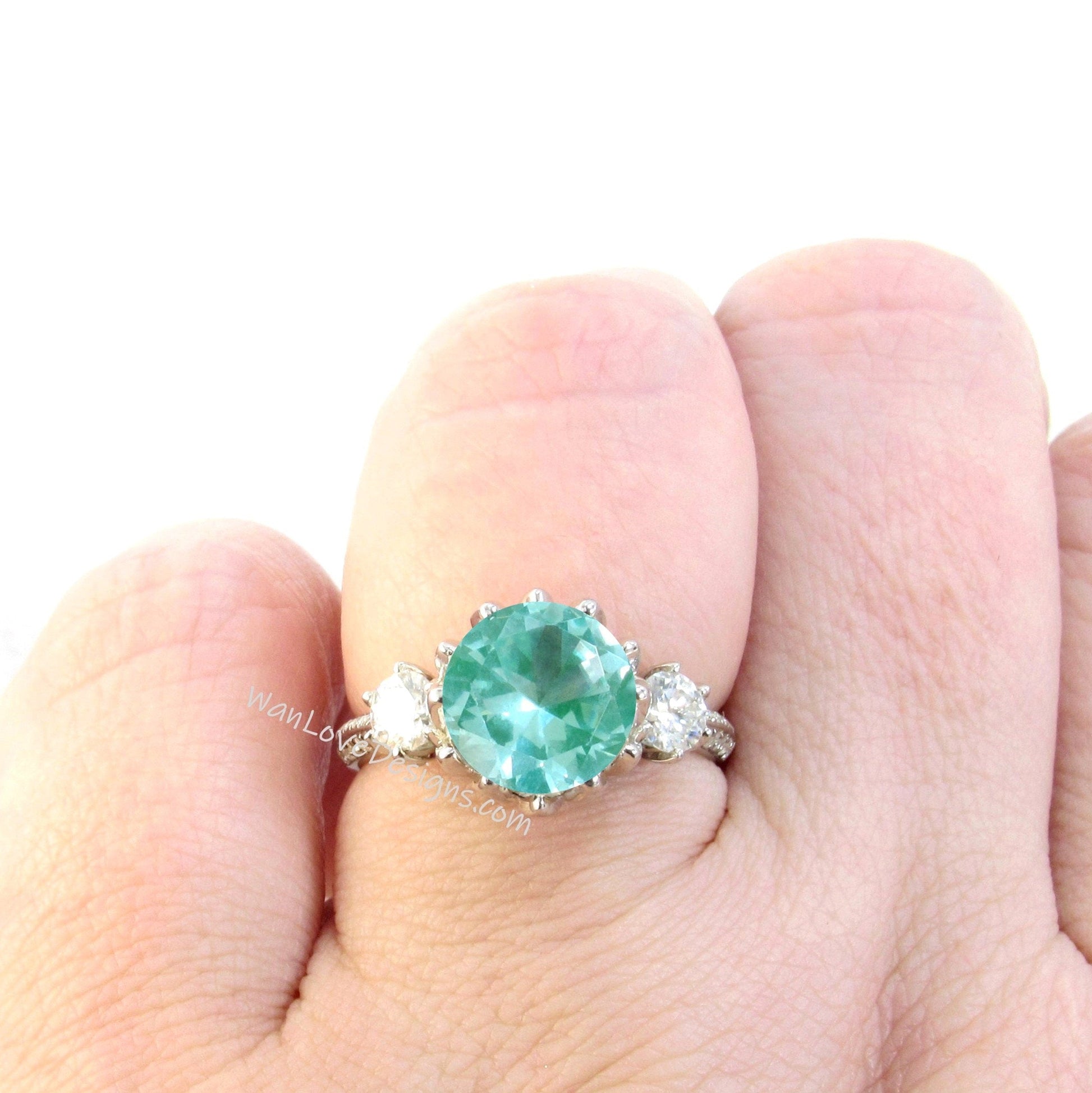 Teal Spinel & Diamonds Lotus Flower 3 gemstone Engagement Ring, Round Floral Ring, Custom-Weding-Anniversary Gift Wan Love Designs