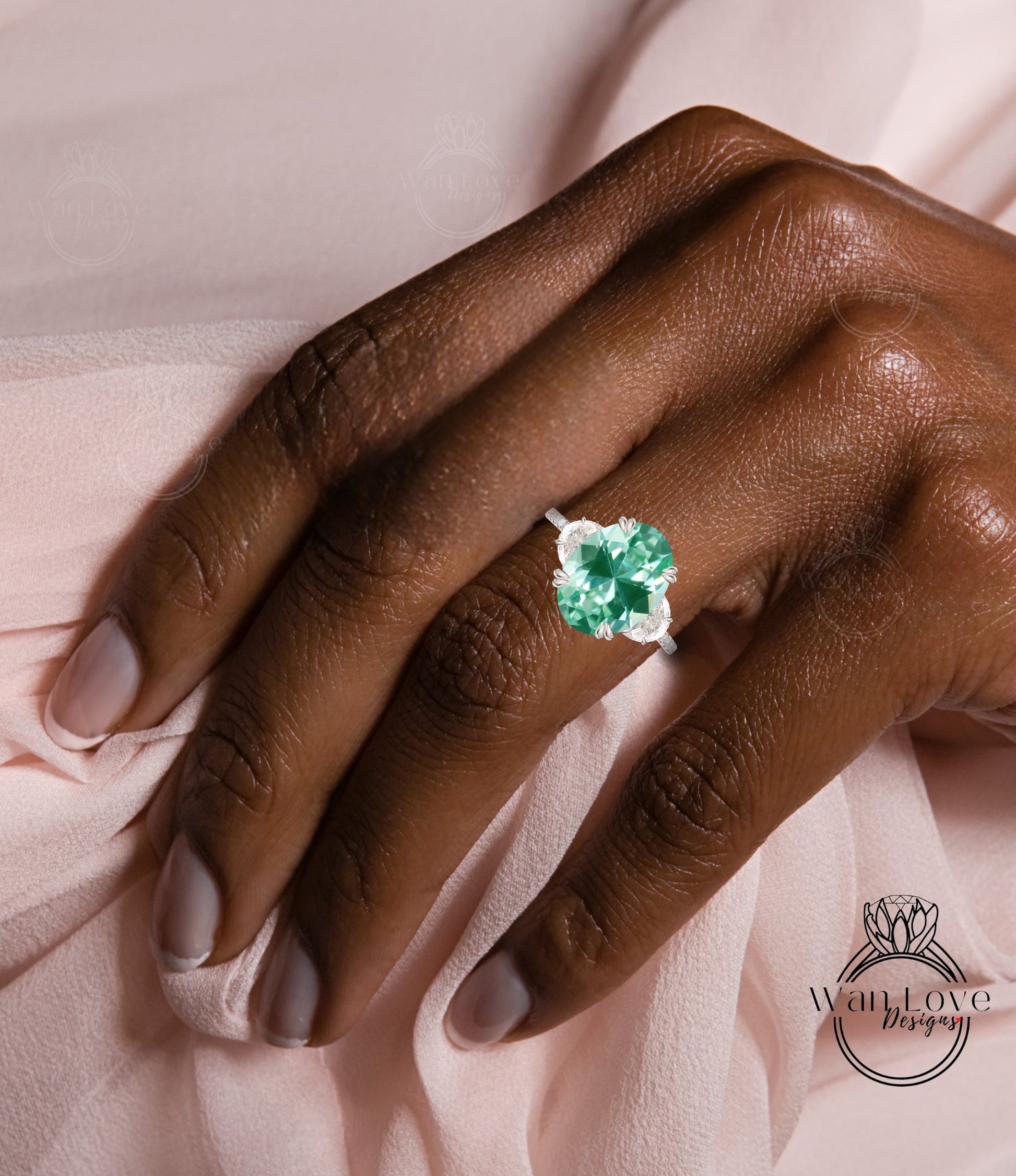 Teal Spinel Diamonds & Moissanite Engagement Ring Oval Cushion Half Moon 3 Gem Stone 14k 18k White Yellow Rose Gold,Platinum,Custom Wan Love Designs