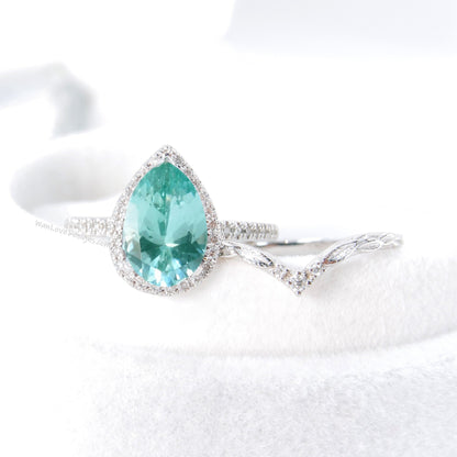 Teal Spinel Pear Diamond Halo and Curve Band Engagement Ring Set | 14K Gold Nesting Band | Leaves Bridal Ring | Nature Inspired Ring Wan Love Designs