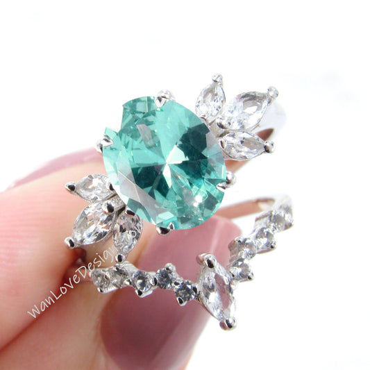 Teal Spinel Ring, Oval Floral Spinel Ring, Side Moissanite Ring, Mint Spinel Engagement Ring, Marquise Moissanite Ring Wan Love Designs