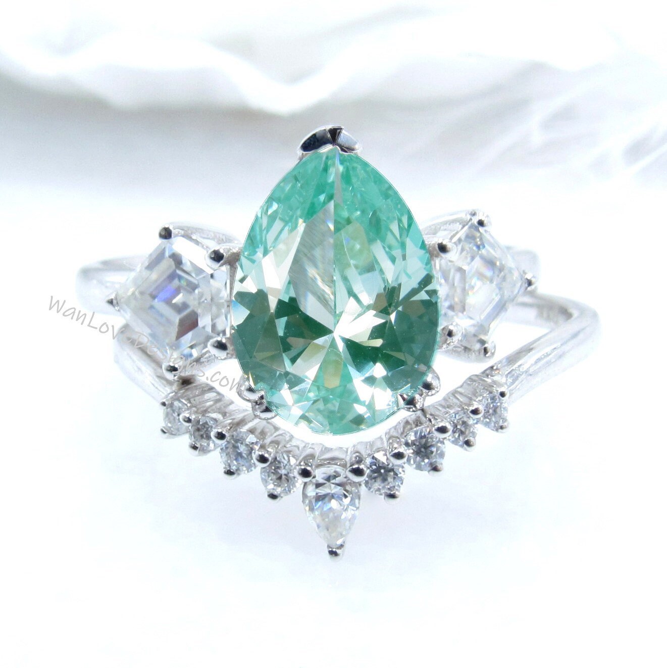 Teal Spinel cluster pear kite engagement ring, cluster ring, moissanite ring, moissanite kite ring, unique engagement ring, Anniversary Gift Wan Love Designs