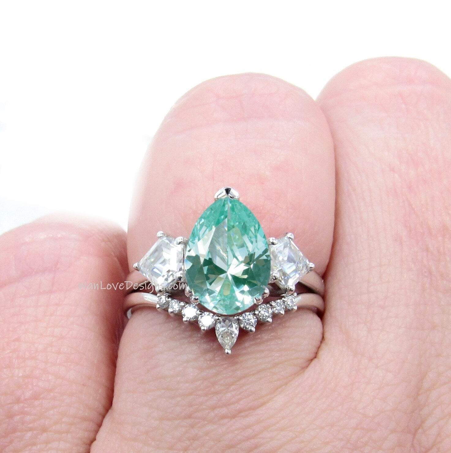 Teal Spinel cluster pear kite engagement ring, cluster ring, moissanite ring, moissanite kite ring, unique engagement ring, Anniversary Gift Wan Love Designs