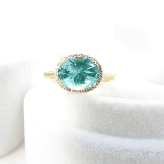 Teal Spinel engagement ring oval east west rose gold ring vintage tapered band ring unique Diamond halo ring wedding Bridal Anniversary Wan Love Designs