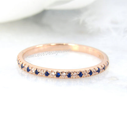 Thin Blue Sapphire Diamond Stacking Ring, Minimalist Ring, Sapphire Wedding Band 14k Gold,Half Eternity Wedding Band,Mothers Birthstone Ring Wan Love Designs