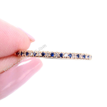 Thin Blue Sapphire Diamond Stacking Ring, Minimalist Ring, Sapphire Wedding Band 14k Gold,Half Eternity Wedding Band,Mothers Birthstone Ring Wan Love Designs