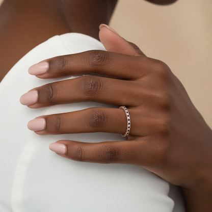 Black & White Diamond Wedding Band, Moissanite Sapphire Halfway, Stacking Ring, 1.85mm, Custom, Engagement, Anniversary Gift, Commitment