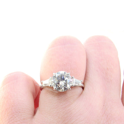 Three Stone Round Baguette Cut Moissanite Engagement Ring, Round Cut Engagement Ring, Moissanite Engagement Ring, Ready to Ship Ring Wan Love Designs