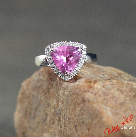 Trillion Pink Sapphire engagement ring 3ct Vintage diamond halo bridal ring antique wedding ring unique promise Anniversary ring statement Wan Love Designs