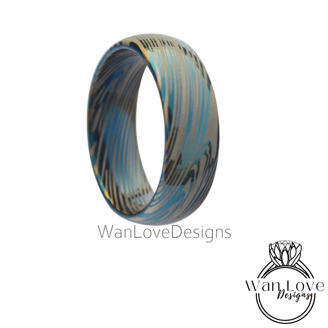 Tungsten Damascus Ring - Black Mokume Gane Tungsten - 8mm Mokume Damascus Band - Silver Blue Mokume - Mokume Wedding Bands - Mokumegane Wan Love Designs