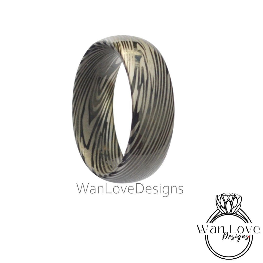 Tungsten Damascus Ring - Black Mokume Gane Tungsten - 8mm Mokume Damascus Band - Silver Blue Mokume - Mokume Wedding Bands - Mokumegane Wan Love Designs