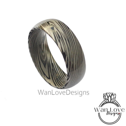 Tungsten Damascus Ring - Black Mokume Gane Tungsten - 8mm Mokume Damascus Band - Silver Blue Mokume - Mokume Wedding Bands - Mokumegane Wan Love Designs