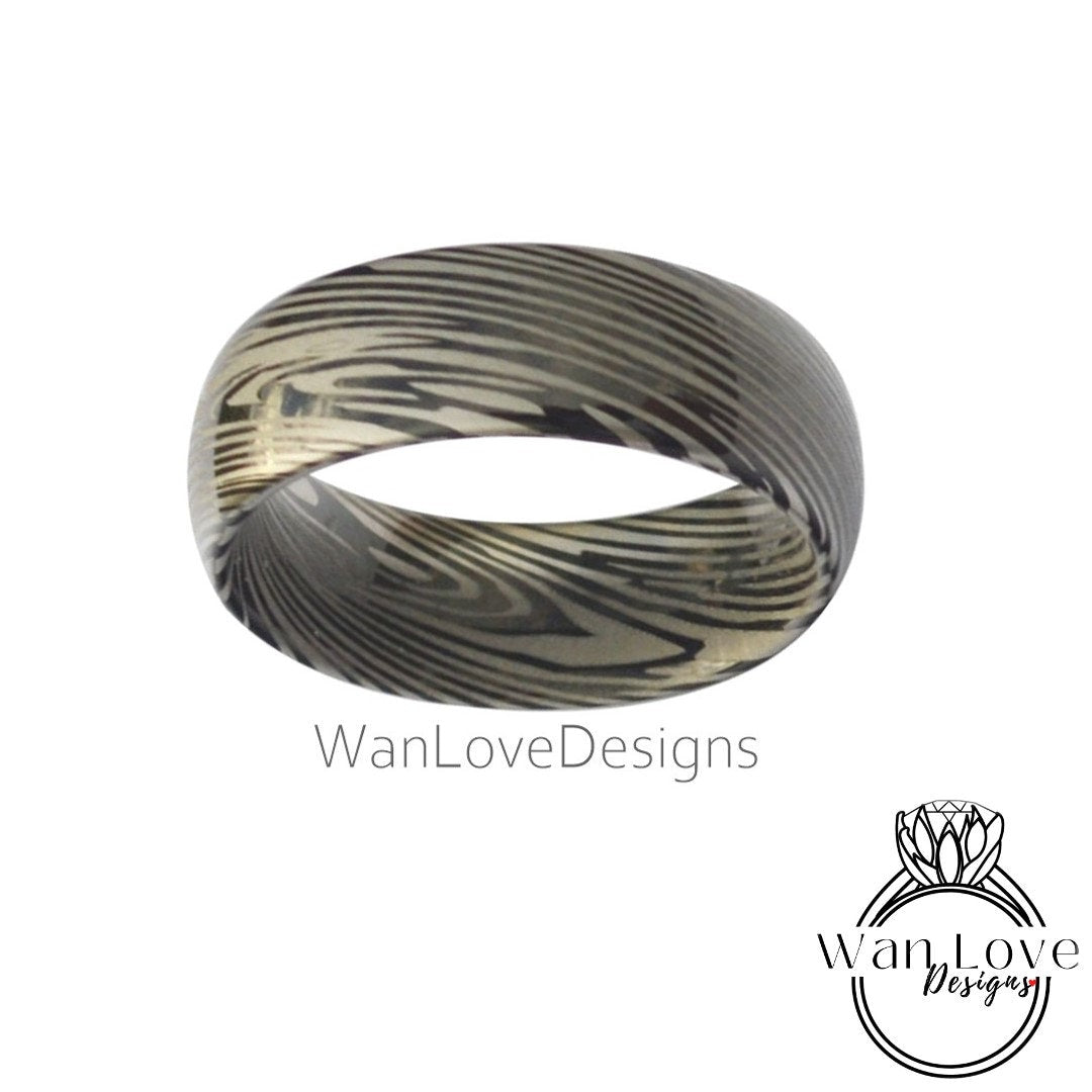 Tungsten Damascus Ring - Black Mokume Gane Tungsten - 8mm Mokume Damascus Band - Silver Blue Mokume - Mokume Wedding Bands - Mokumegane Wan Love Designs