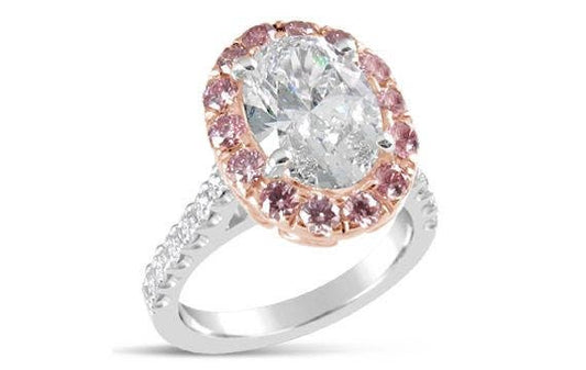 Two Tone Halo Pink Sapphire Wedding Ring/ Elongated Oval Shape Moissanite Engagement Ring/ Unique Gemstone Gold Ring/ Vintage Style Ring Wan Love Designs